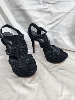 BCBG Black Crystal-Embellished Suede Platform Heels